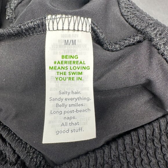 One Shoulder Black Ribbed Cutout Swimsuit Full Coverage UPF 50 Medium Aerie - Picture 9 of 11